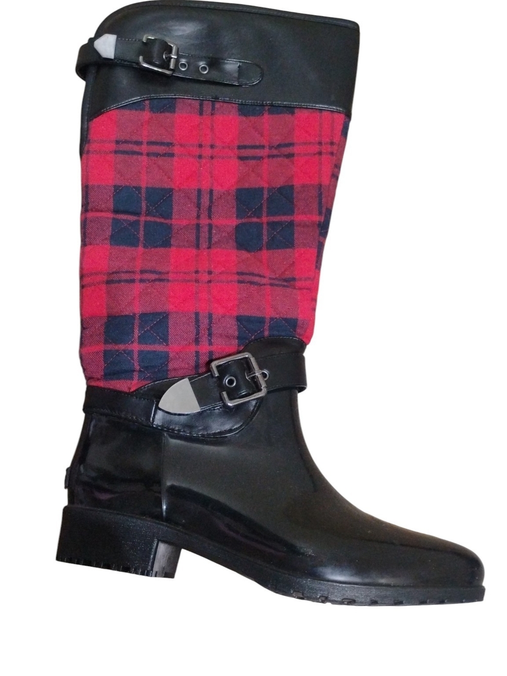 Charlie Paige Red Plaid Quilted Tall Rain Boots w Black Trim Size 10 - Picture 9 of 11